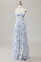 Blaues A-Linie Trägerloses Hochzeitsgastkleid mit Blume und Schlitz